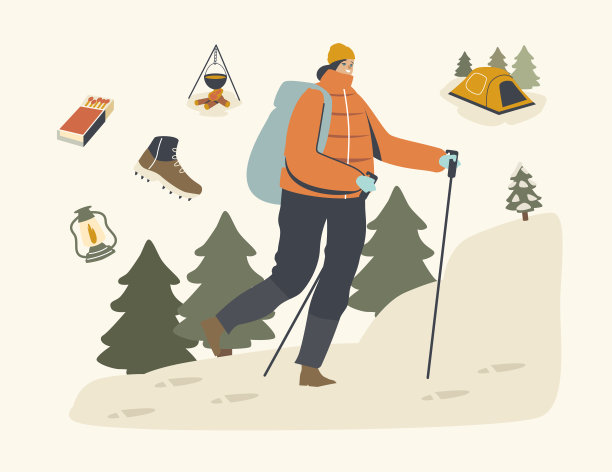 冬季徒步旅行的概念。背包女角色在温暖的衣服与斯堪的纳维亚棍棒走自然徒步路线图片下载