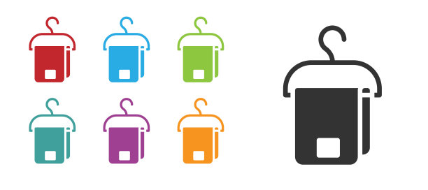 黑色毛巾在衣架图标孤立在白色背景。浴室毛巾图标。设置彩色图标。向量图片下载