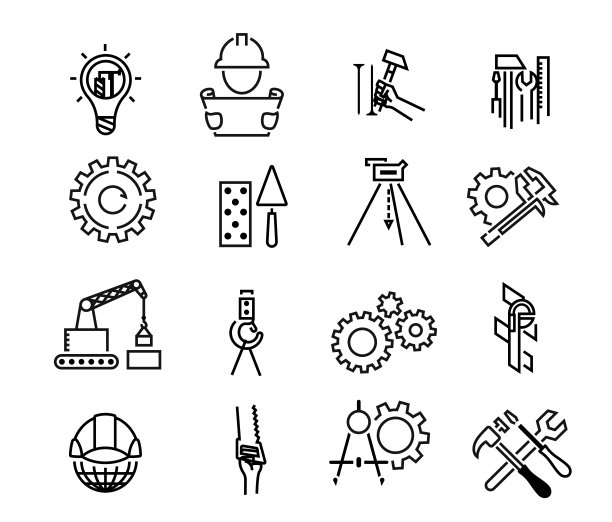 简约风格的黑色建筑图标。构建工具。工业建筑、建筑图标设计。应用程序设计符号图片下载