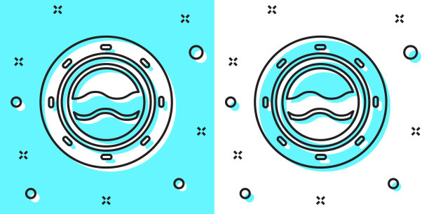 黑线船舷窗与铆钉和海景外的图标隔离在绿色和白色背景。随机动态形状。向量图片下载