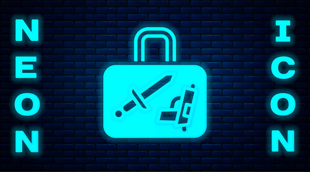发光的霓虹灯旅行箱旅行图标孤立在砖墙背景上。旅行的行李的迹象。旅行的行李图标。向量图片下载