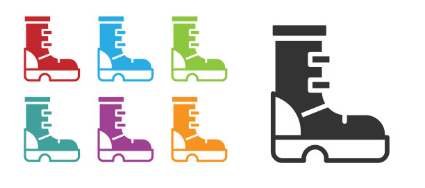 黑色防水橡胶靴图标隔离在白色背景。下雨天用胶靴，钓鱼，园艺用。设置图标丰富多彩。向量图片下载