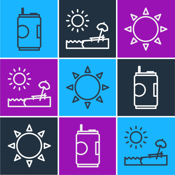 设定线苏打水罐太阳和海滩与伞和图片下载