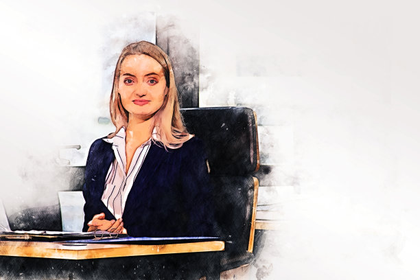 摘要年轻的女商务秘书工作在书桌上的水彩插画画的背景。图片下载