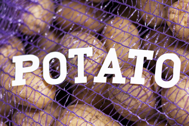 网眼袋与新鲜的大土豆。在屏幕的中心是铭文图片下载