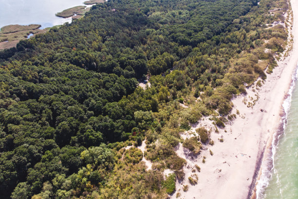 美丽的无人机宽视野的库尔尼吐口水，库尔尼泻湖和波罗的海，加里宁格勒州，俄罗斯和克莱佩达县，立陶宛，夏季阳光明媚的一天图片下载