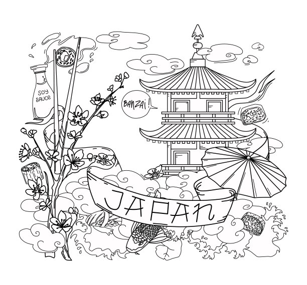 向量线性插图的日本文化与文本。着色页面。对象是孤立的。图片下载