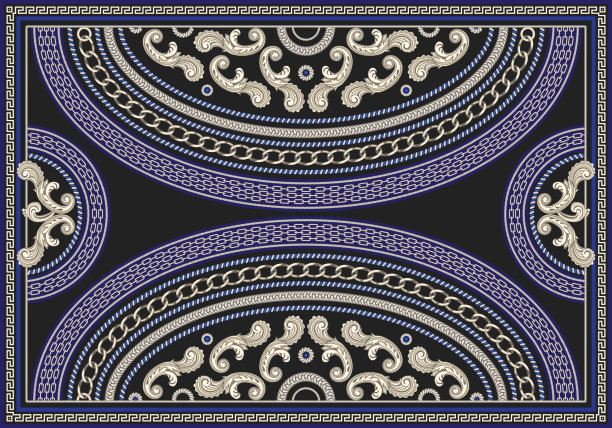 矢量地毯打印在黑色的背景。时髦的银链图案，巴洛克式幻想卷轴。围巾，披肩，地毯，丝绸丝巾，纺织补丁。调色板上的6个金色条纹图案笔刷图片下载