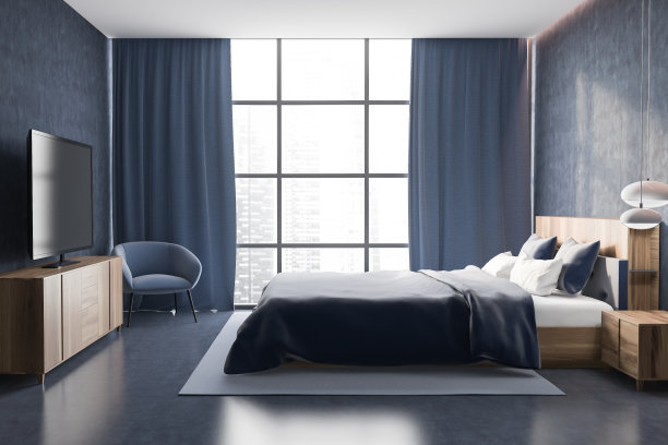 混凝土卧室，有电视，有侧视图图片下载