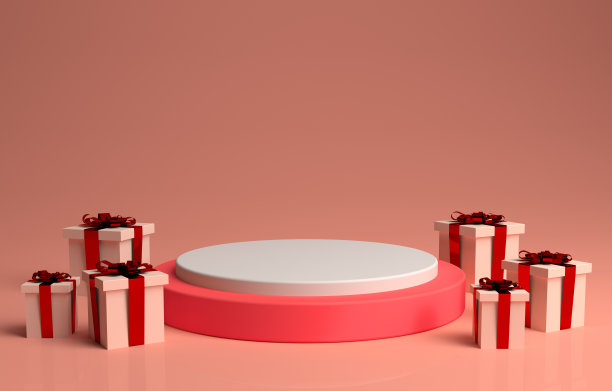 白色和粉红色的3D渲染讲台周围的礼物在一个粉彩背景产品演示图片下载