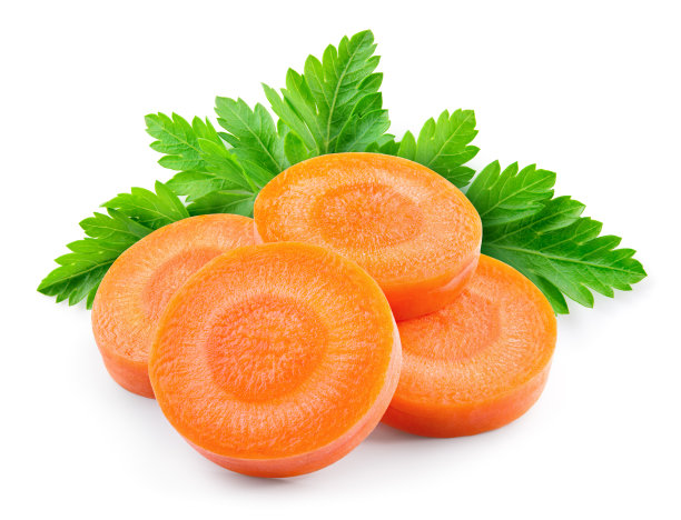 胡萝卜切片。胡萝卜切片，欧芹分离。蔬菜和草药。胡萝卜，欧芹，白色背景。图片下载