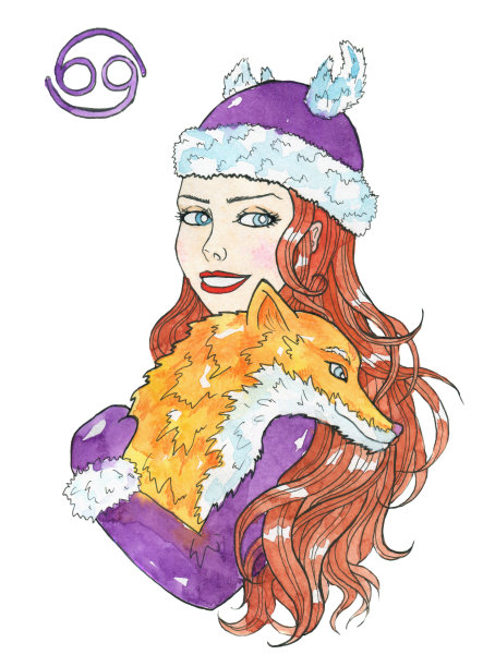 癌症星座的象征。美丽的女孩红头发抱着可爱的狐狸孤立在白色。图片下载