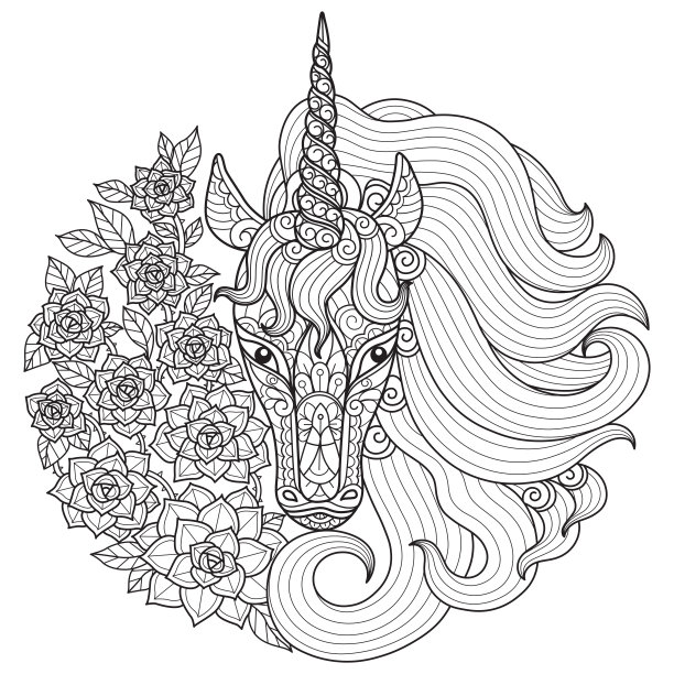 禅宗涂鸦独角兽和卡兰娜纠结成人涂色页，插画zantangle风格。图片下载
