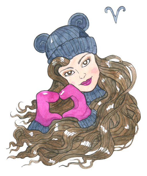 白羊座生肖符号孤立在白色。戴着心形连指手套的漂亮女孩图片下载