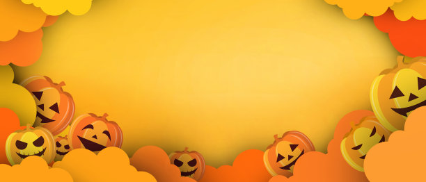 万圣节快乐销售横幅和背景与橙色的云朵和南瓜在剪纸风格的贺卡，海报与万圣节-插图图片下载