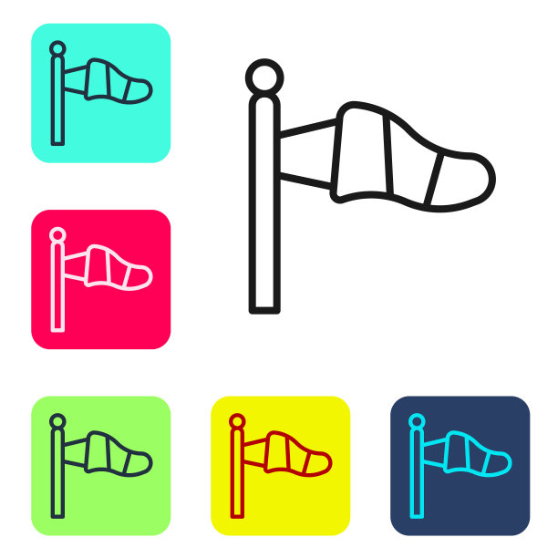 黑色线锥气象学风向标志风向标孤立在白色背景。风向标指示风向和风力。设置图标的颜色方形按钮。向量图片下载