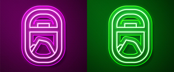 发光的霓虹灯线飞机窗口图标孤立在紫色和绿色的背景。飞机舷窗。向量图片下载