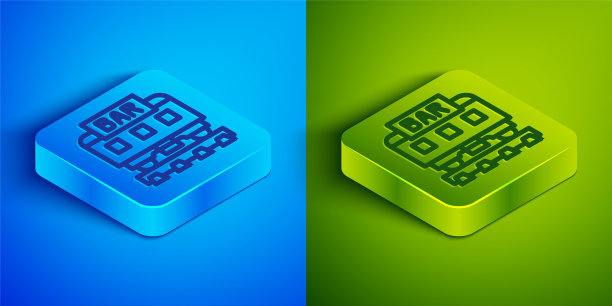 餐厅火车图标孤立在蓝色和绿色背景。方形按钮。向量图片下载