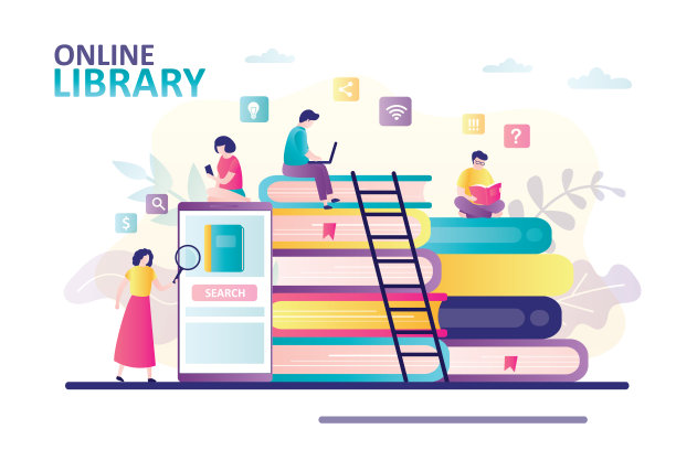 女性角色在智能手机上找书。在线学习、网络档案和文学的概念。卡通人物在网上看书图片下载