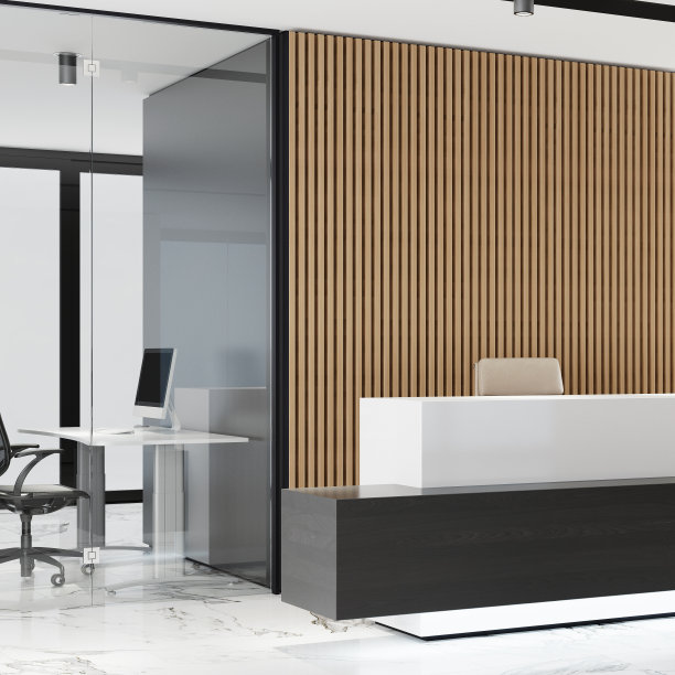 现代办公室大堂室内设计，长木板背景和接待台图片下载