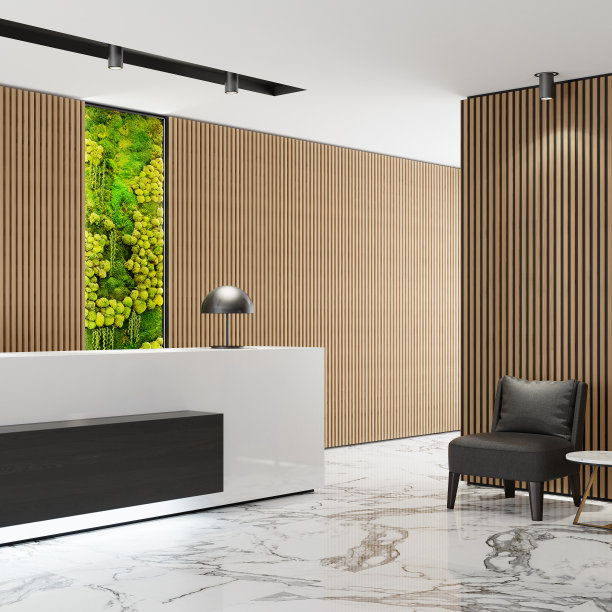 现代办公室大堂内部，长木板背景和接待台，配有绿色生态植物苔藓墙图片下载