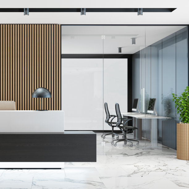 现代办公室大堂室内设计，长木板背景和接待台图片下载