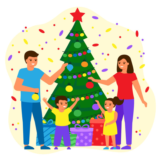 家里的爸爸、妈妈和孩子们用球和灯泡装饰绿杉树。年轻夫妇，男孩和女孩正带着礼物等待假期。圣诞节和新年假期。向量图片下载