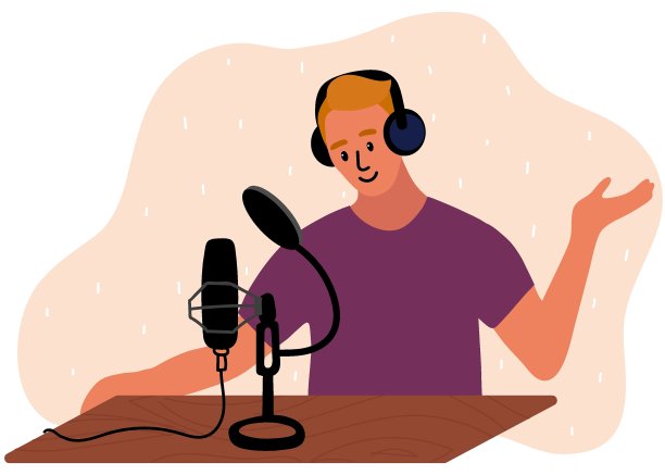 穿紫色t恤的金发男人正在做直播。男播客在演播室对着麦克风录音。矢量插图在平面风格。图片下载