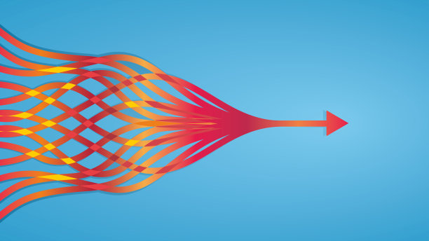 矢量插图。色彩斑斓的线条交织成箭。16:9的尺寸。图片下载