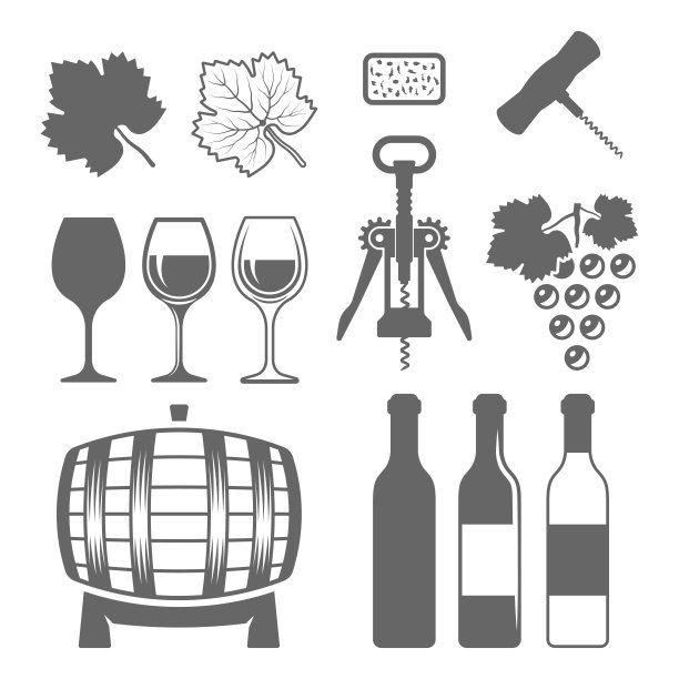 葡萄酒向量单色设计元素和轮廓，孤立在白色背景上，酒杯，酒瓶，葡萄，葡萄叶，开瓶器，桶图片下载