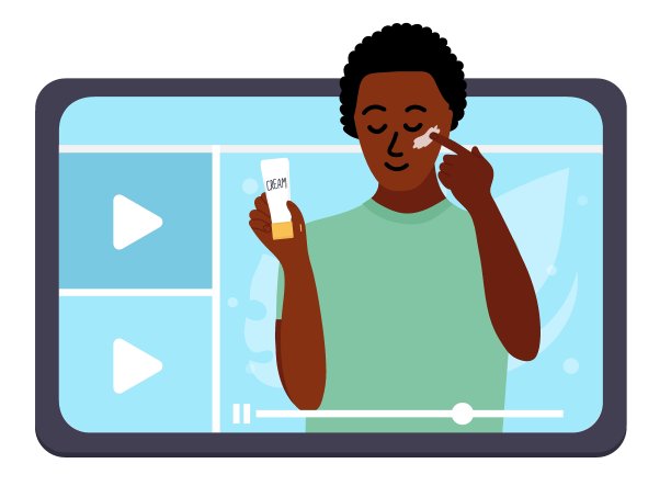 非洲黑人男子美容博客展示趋势化妆教程与面霜。在社交媒体上创建内容和发布。平面向量。图片下载