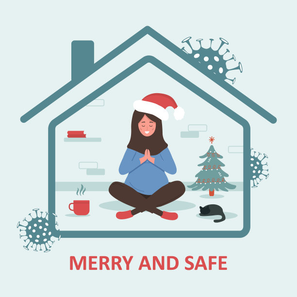 疫情下的圣诞节：戴圣诞帽的阿拉伯妇女，以莲花坐姿庆祝新年。节日快乐，注意安全。隔离或自我隔离。扁平风格插画图片下载