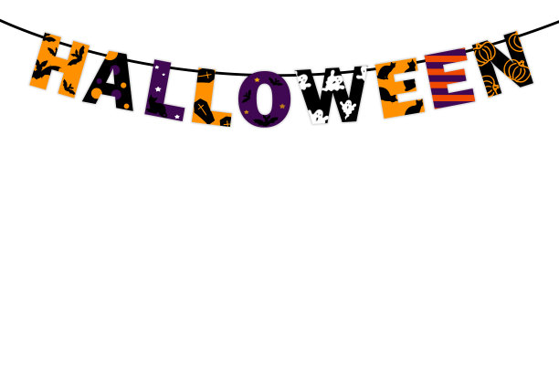 万圣节快乐，橙色，紫色和黑色的字母挂在绳子花环，完美的装饰海报和邀请，横幅，在白色的背景图片下载