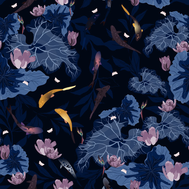 粉红色的花和绿色的叶荷花锦鲤图片下载