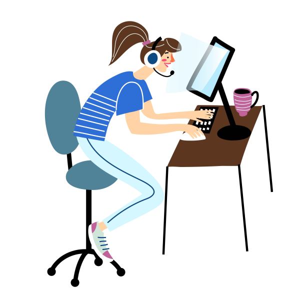 年轻妇女在家里工作或玩耍。戴耳机坐在电脑前的女孩。远程工作场所，娱乐，现代生活方式矢量插图图片下载