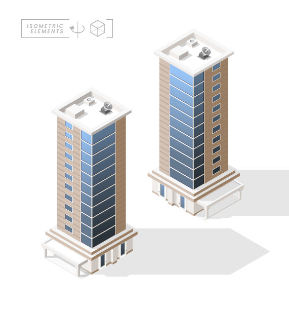 等距高质量的城市建筑与阴影的背景。孤立的向量元素图片下载