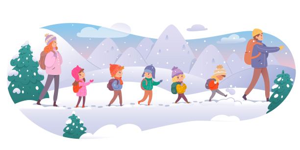 一群孩子和老师在冬天爬山。孩子们在雪地里玩耍，男男女女领着学生们去度假。冬季旅行户外矢量插图。横向视图图片下载