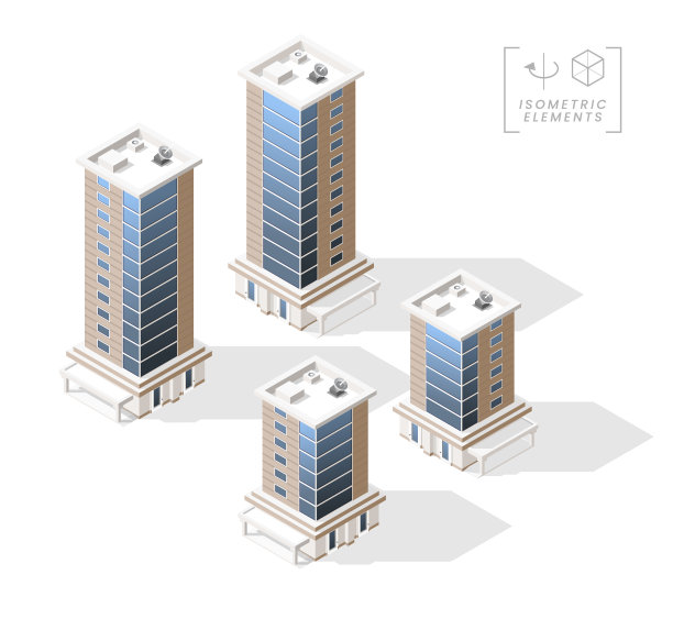 等距高质量的城市建筑与阴影的背景。孤立的向量元素图片下载