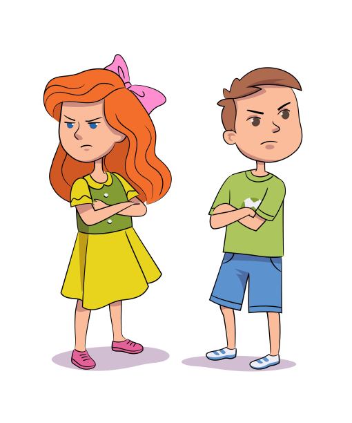 愤怒的固执的孩子。疯狂的女孩和男孩在争吵，双臂交叉。在白色背景下心情不好的孩子们。表达情感和情感矢量插画。图片下载