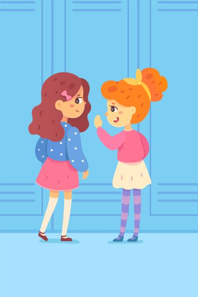 小女孩们在学校礼堂里聊天。快乐可爱的孩子们站在课间，微笑着。教育矢量插图。背景是蓝色的储物柜。走廊里的孩子友谊图片下载