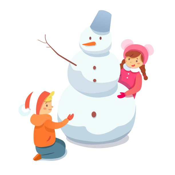 冬季户外休闲平面插图。冬季游戏和休闲活动的孩子孤立的clipart。儿童卡通人物堆雪人，玩雪的设计元素。图片下载