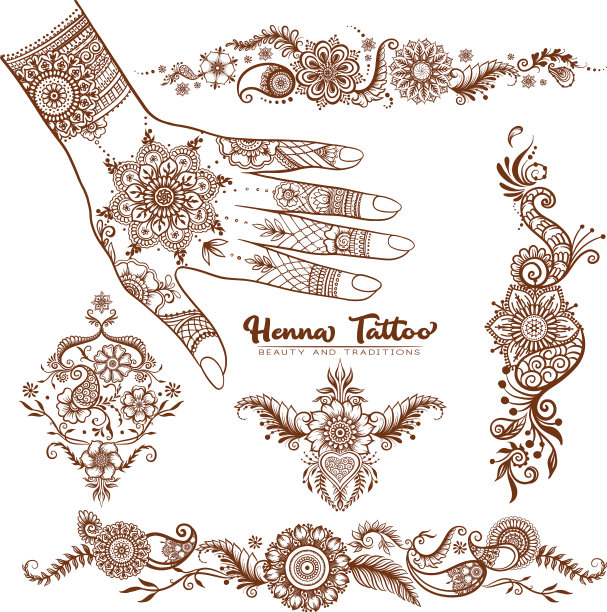 手与传统印度指甲花纹身元素图片下载