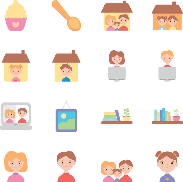 纸杯蛋糕和呆在家里图标设置扁平风格图片下载