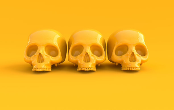 人类scull 3d渲染。黄色背景上的死亡人头。可怕的万圣节骷髅头象征图片下载