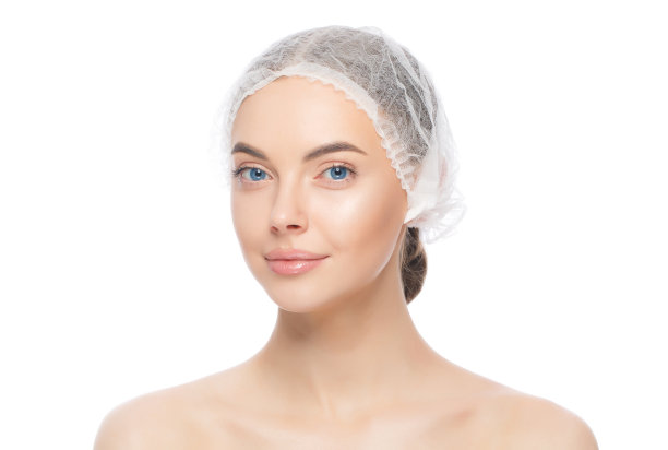 年轻美丽的女人戴着医疗帽，准备手术，孤立在白色的背景图片下载