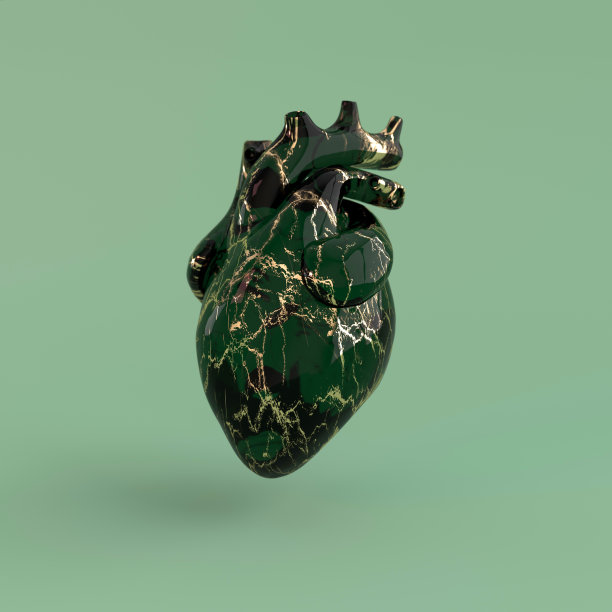 真实的人类心脏器官与动脉和主动脉三维渲染。情人节贺卡快乐。浪漫的背景。绿色和金色的大理石玻璃心图片下载
