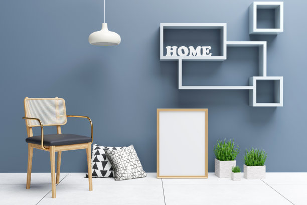 室内海报模拟与框架在地板上的客厅内部。3 d渲染。图片下载