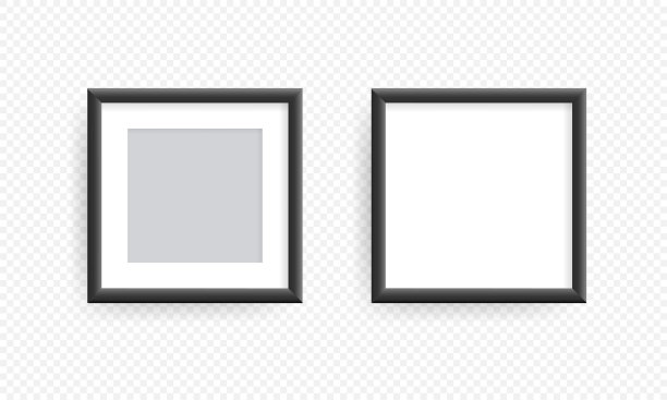 墙上的灰色写实画框。模型逼真的正方形图片或相框孤立在透明的背景。图片下载