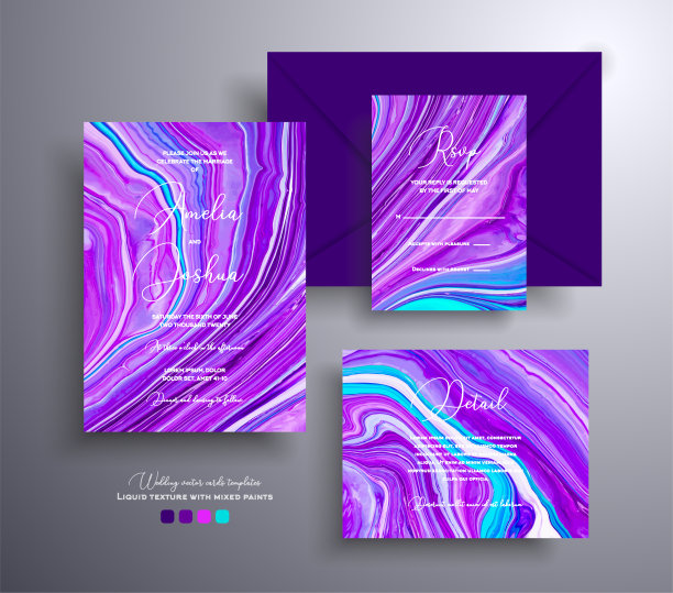 现代的婚礼请柬与石材纹理。玛瑙矢量覆盖大理石效果和地方的文本，紫色，淡紫色和绿松石颜色。适用于贺卡、包装等。图片下载
