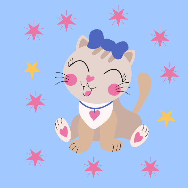 可爱的卡通小猫向量图像与一个蓝色的蝴蝶结，在一个蓝色的背景。设计封面，印花t恤，儿童服装，纺织品，枕头，杯子图片下载